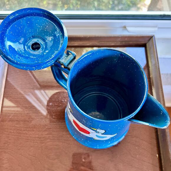 Vintage Tres Troquelles Blue Enamelware Coffee Pot White Spatter Folk  art 1970s - Picture 9 of 13